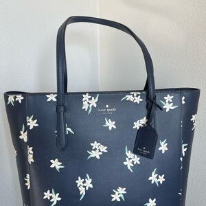 Kate Spade Schuyler Medium Leather Tote Bag Lily Blooms Floral Parisian Blue